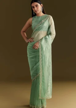 Aqua Green Organza Embroidered Saree With Scallop Border