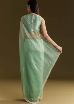 Aqua Green Organza Embroidered Saree With Scallop Border