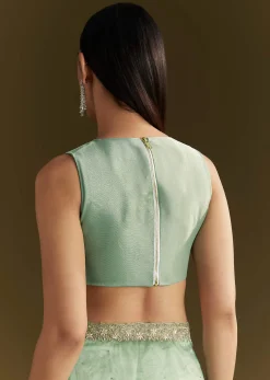 Aqua Green Organza Embroidered Saree With Scallop Border