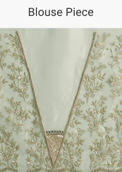 Aqua Green Organza Embroidered Saree With Scallop Border