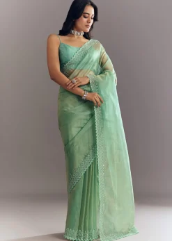 Aqua Green Organza Saree With Stones Beads And Sequins Embroidery And Scallop Border