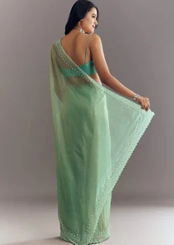 Aqua Green Organza Saree With Stones Beads And Sequins Embroidery And Scallop Border