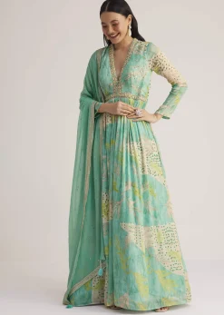 Aqua Green Printed Anarkali With Embroidered Dupatta