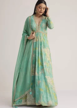 Aqua Green Printed Anarkali With Embroidered Dupatta
