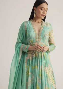 Aqua Green Printed Anarkali With Embroidered Dupatta