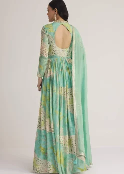 Aqua Green Printed Anarkali With Embroidered Dupatta