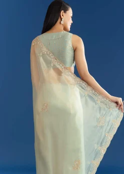 Aqua Organza Tissue Saree With Cutdana Border