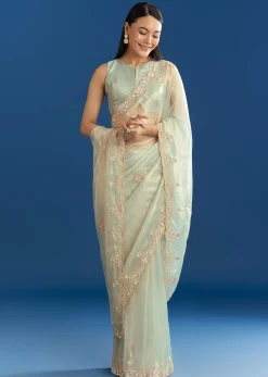 Aqua Organza Tissue Saree With Cutdana Border