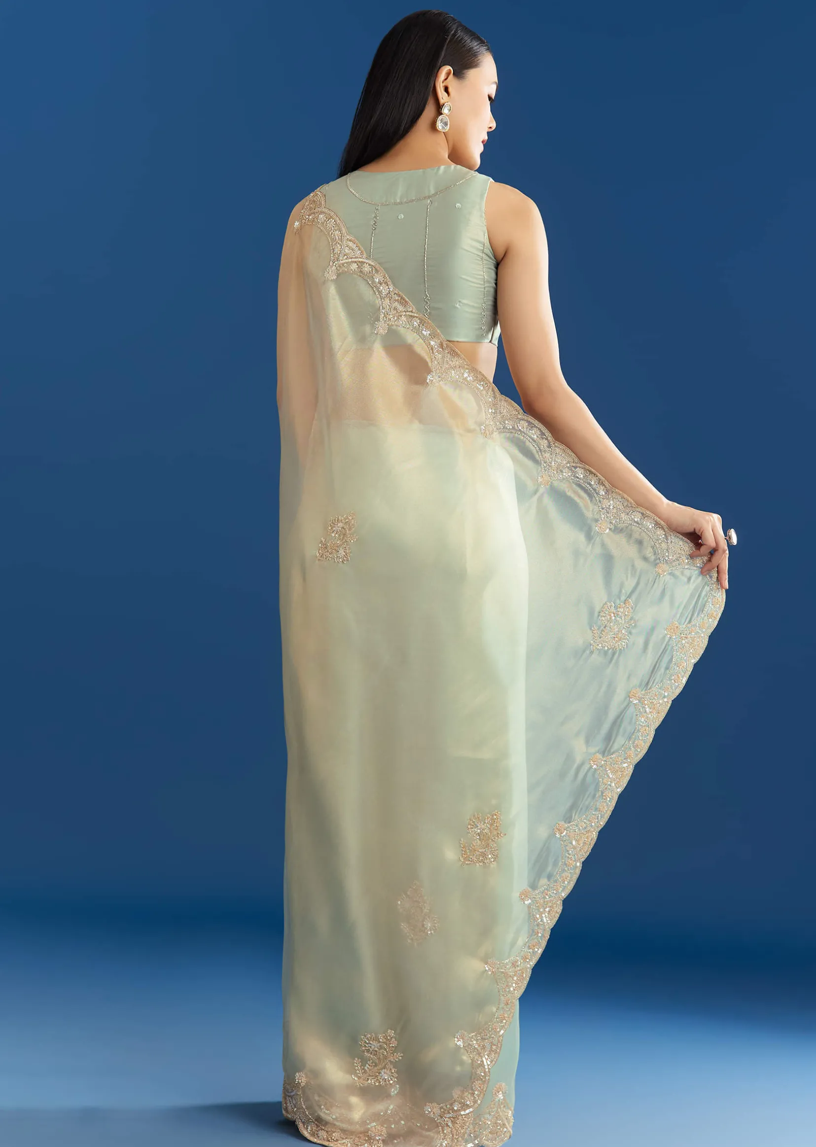 Aqua Organza Tissue Saree With Cutdana Border