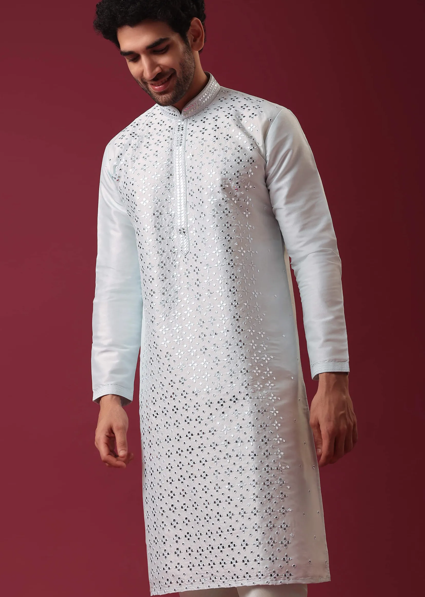 Aquatic Blue Kurta Set In Silk With Mirror Work