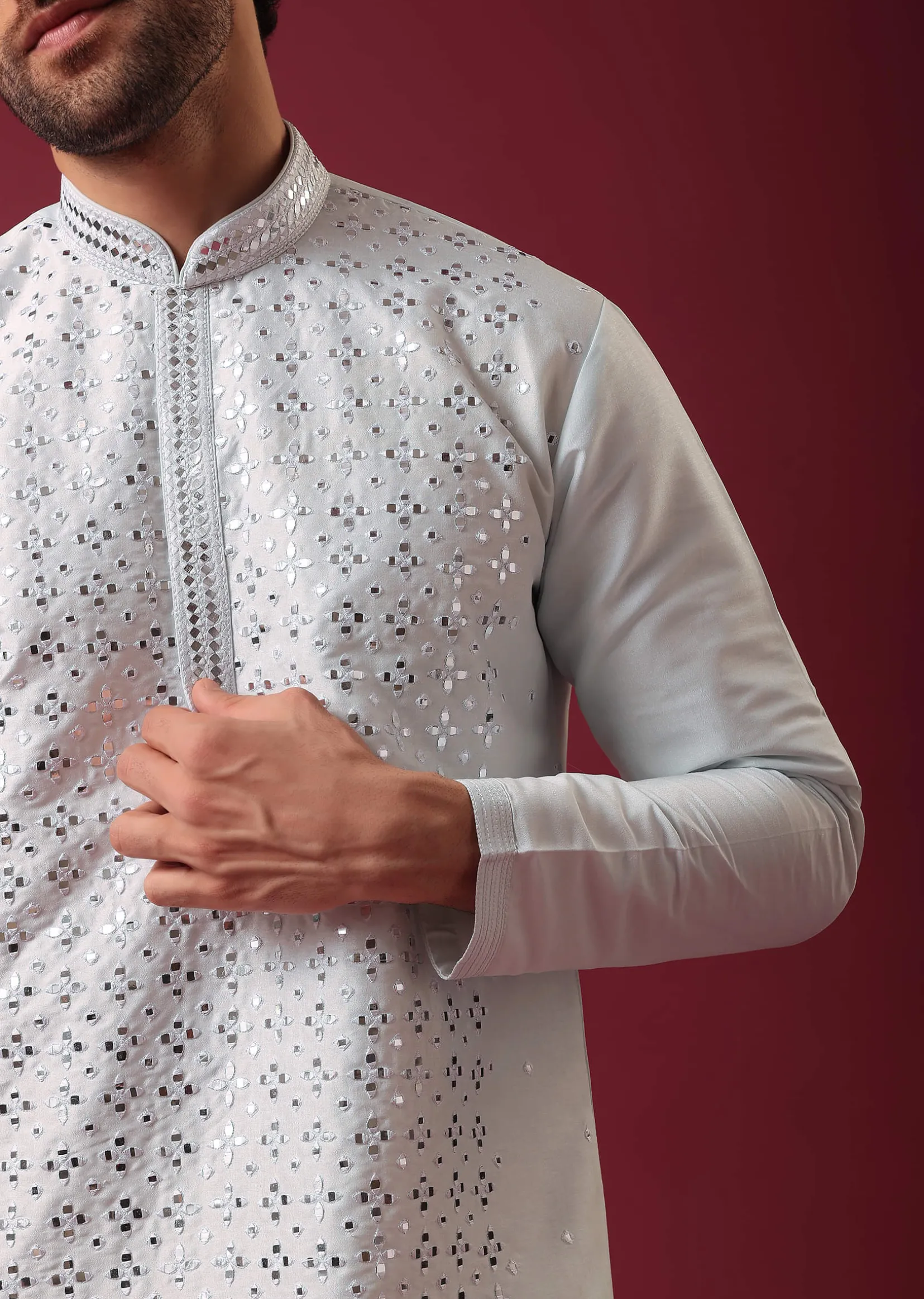 Aquatic Blue Kurta Set In Silk With Mirror Work