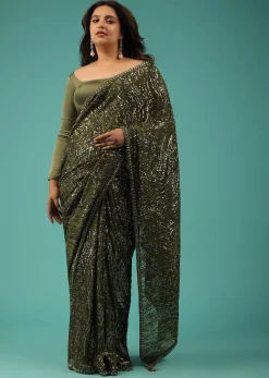 Army Green Saree In Sequins And Organza With Detailed Embroidery