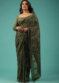 Army Green Saree In Sequins And Organza With Detailed Embroidery