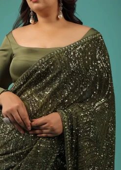 Army Green Saree In Sequins And Organza With Detailed Embroidery
