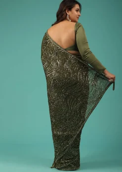 Army Green Saree In Sequins And Organza With Detailed Embroidery