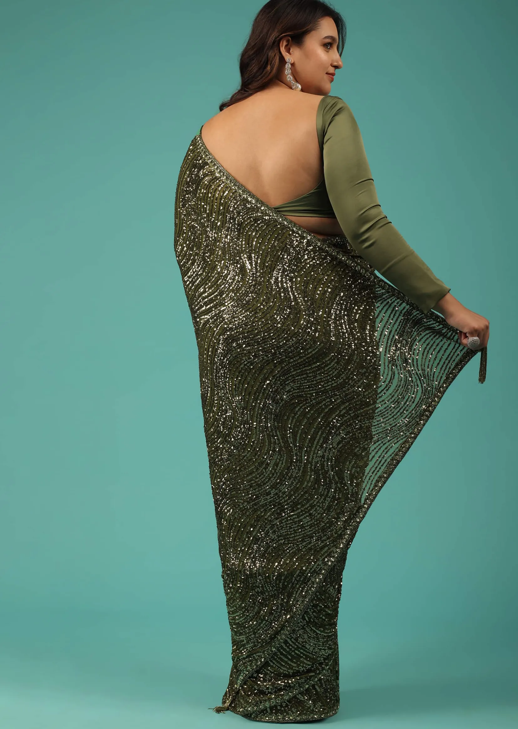 Army Green Saree In Sequins And Organza With Detailed Embroidery