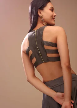 Ash Grey Blouse In Raw Silk With Stylish Cage Cut Outs On The Back And Halter Neckline