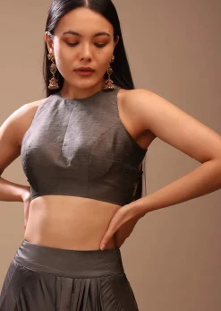 Ash Grey Blouse In Raw Silk With Stylish Cage Cut Outs On The Back And Halter Neckline