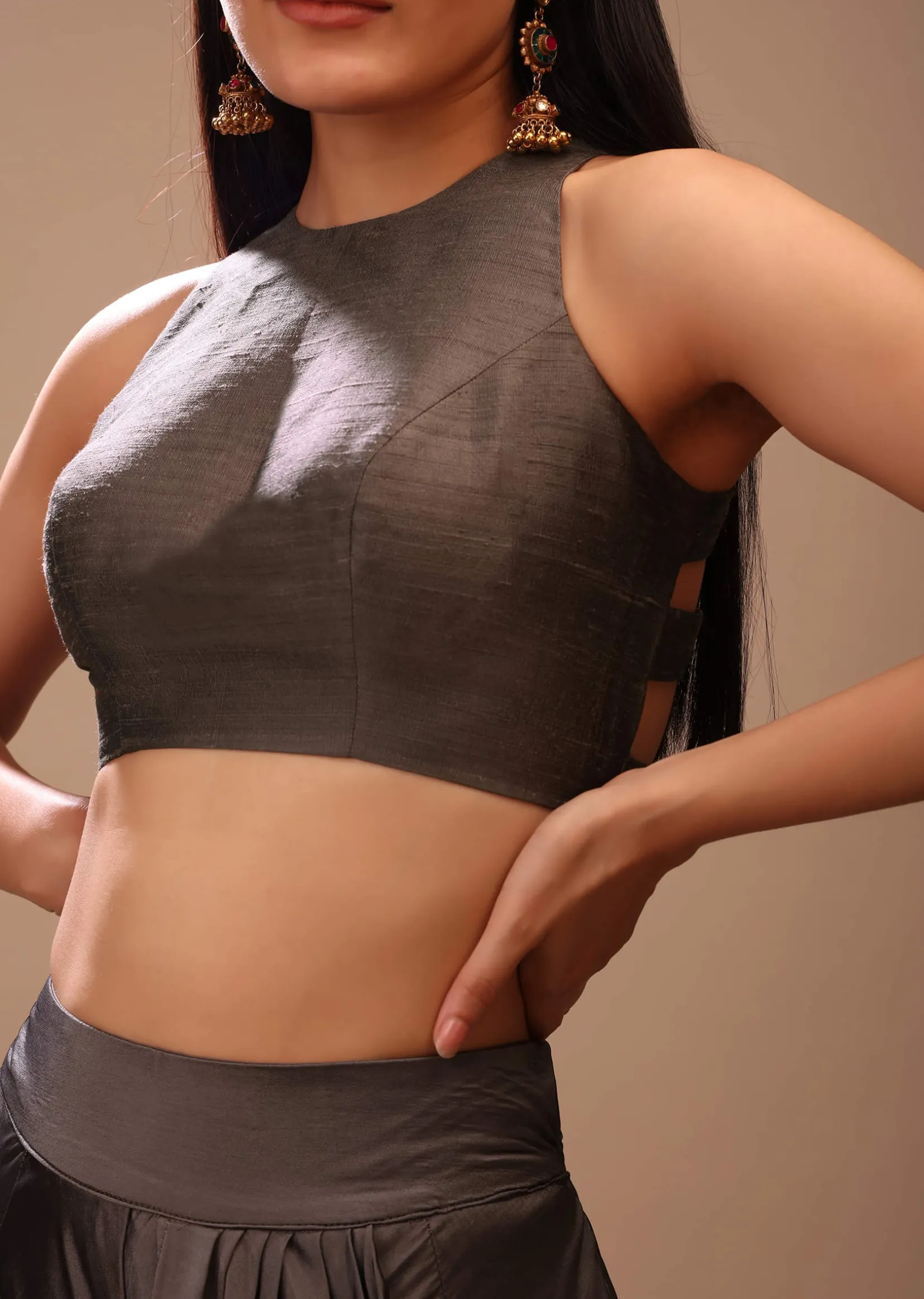 Ash Grey Blouse In Raw Silk With Stylish Cage Cut Outs On The Back And Halter Neckline