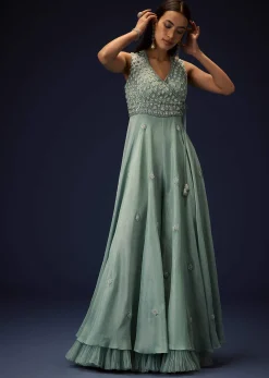 Azure Blue Hand Embroided Double Layer Organza Frill Jumpsuit
