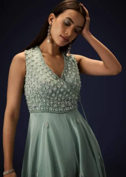 Azure Blue Hand Embroided Double Layer Organza Frill Jumpsuit