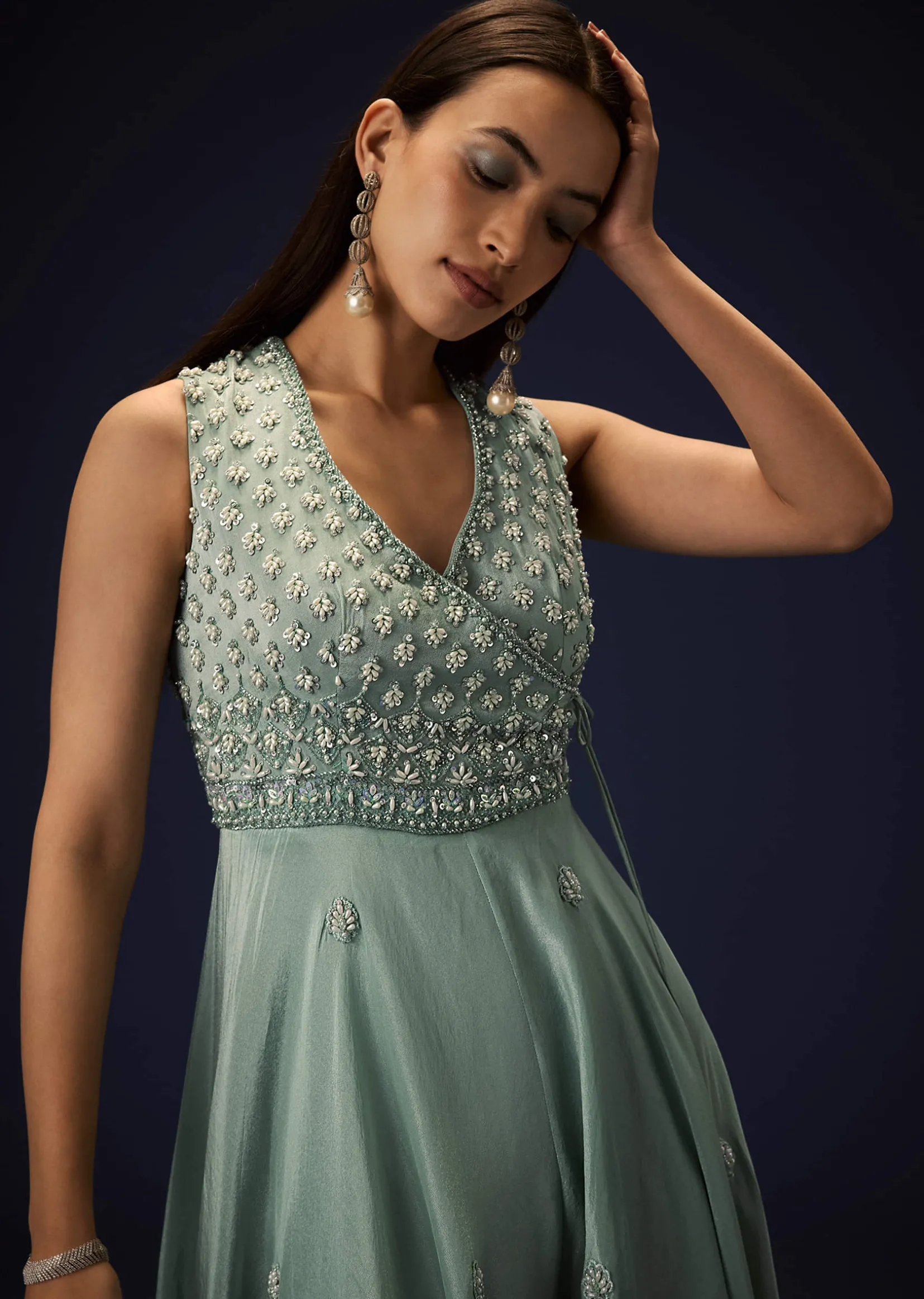 Azure Blue Hand Embroided Double Layer Organza Frill Jumpsuit