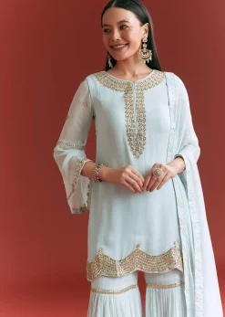Baby Blue Georgette Kurta Sharara Suit With Gotta Lace And Moti Work