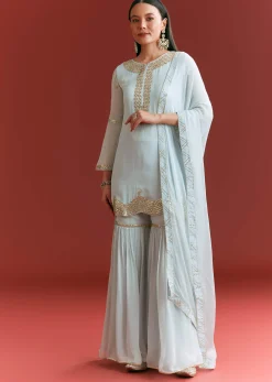 Baby Blue Georgette Kurta Sharara Suit With Gotta Lace And Moti Work