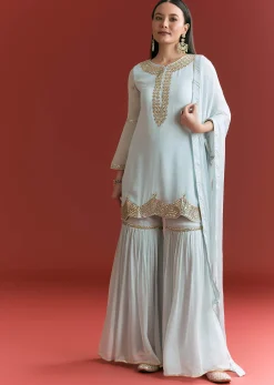Baby Blue Georgette Kurta Sharara Suit With Gotta Lace And Moti Work