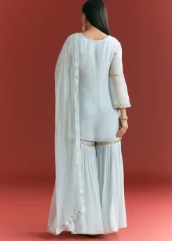 Baby Blue Georgette Kurta Sharara Suit With Gotta Lace And Moti Work