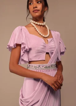 Baby Pink Crepe Saree With Fancy Bow Shaped Blouse And Belt
