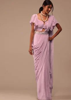 Baby Pink Crepe Saree With Fancy Bow Shaped Blouse And Belt