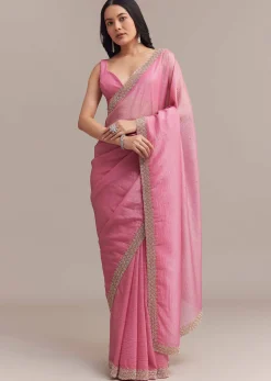 Baby Pink Crushed Tissue Saree With Embellished Border