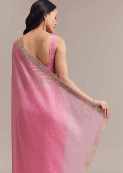Baby Pink Crushed Tissue Saree With Embellished Border