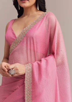 Baby Pink Crushed Tissue Saree With Embellished Border