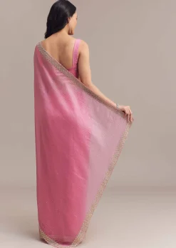 Baby Pink Crushed Tissue Saree With Embellished Border