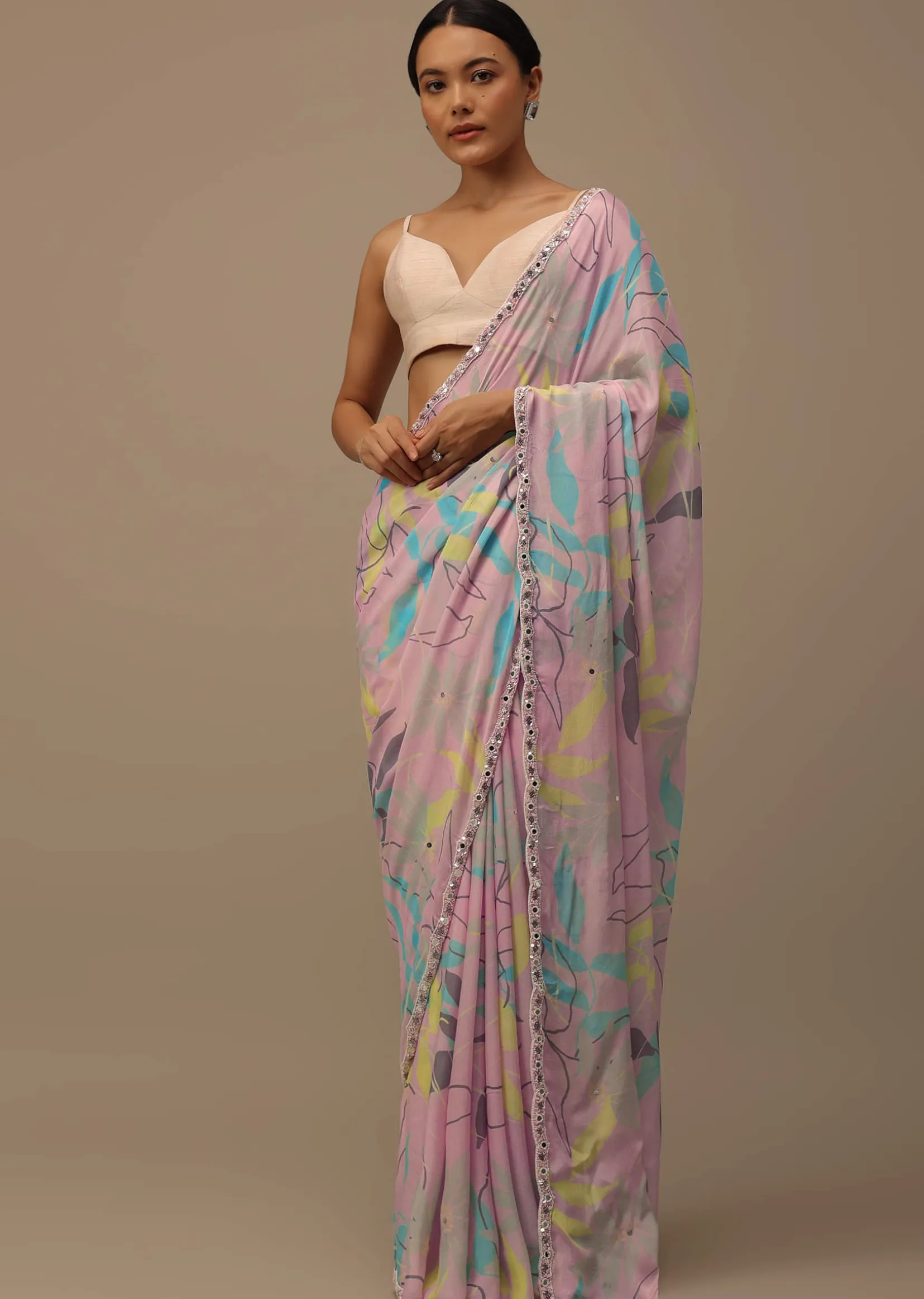 Baby Pink Embroidered Muslin Saree With Floral Print And Scallop Borders
