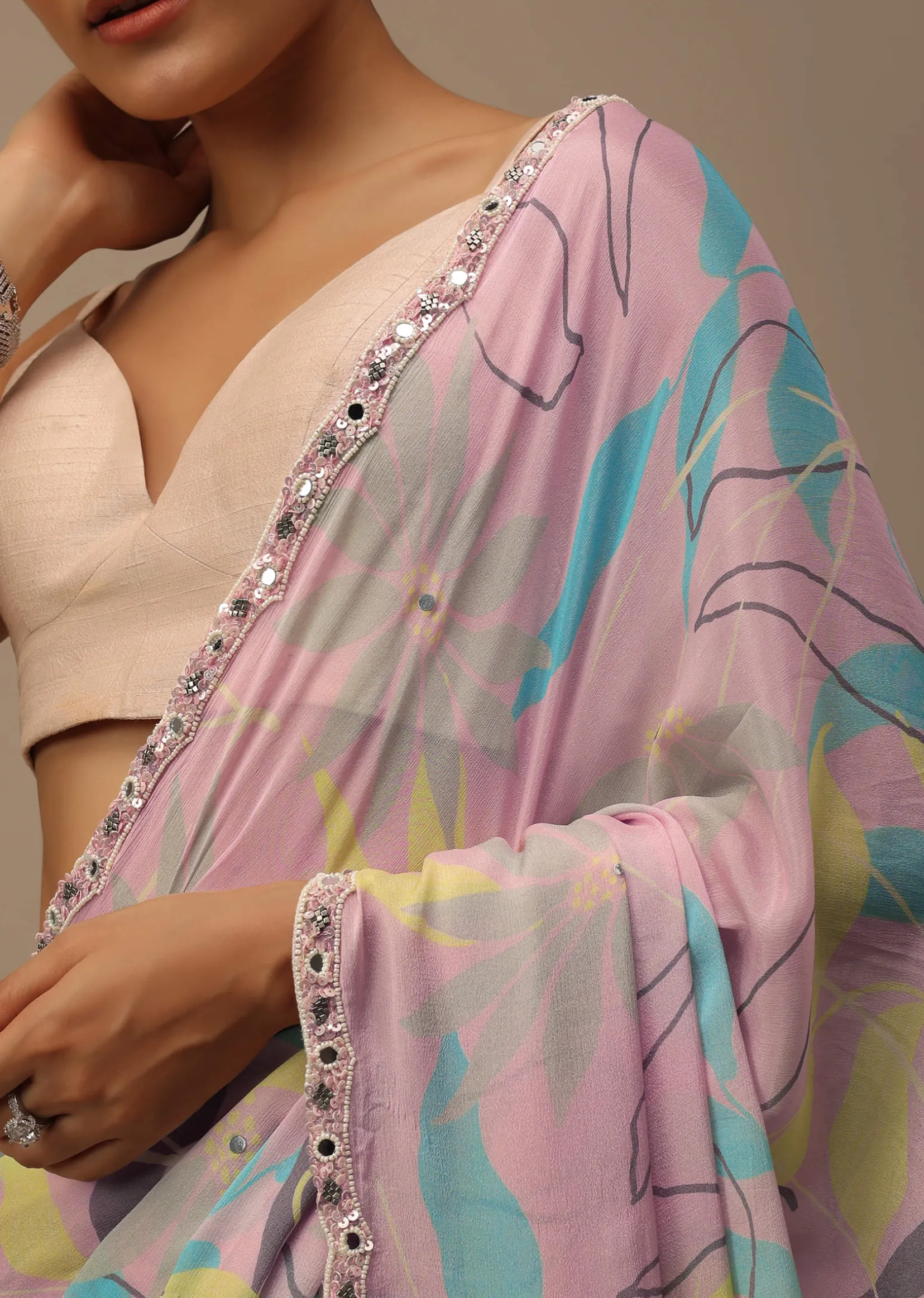 Baby Pink Embroidered Muslin Saree With Floral Print And Scallop Borders