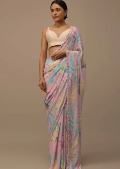 Baby Pink Embroidered Muslin Saree With Floral Print And Scallop Borders