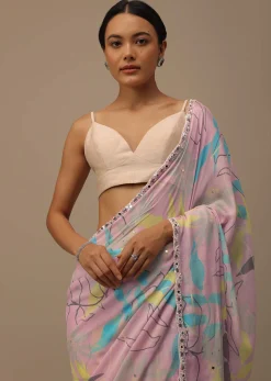 Baby Pink Embroidered Muslin Saree With Floral Print And Scallop Borders