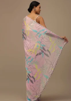 Baby Pink Embroidered Muslin Saree With Floral Print And Scallop Borders