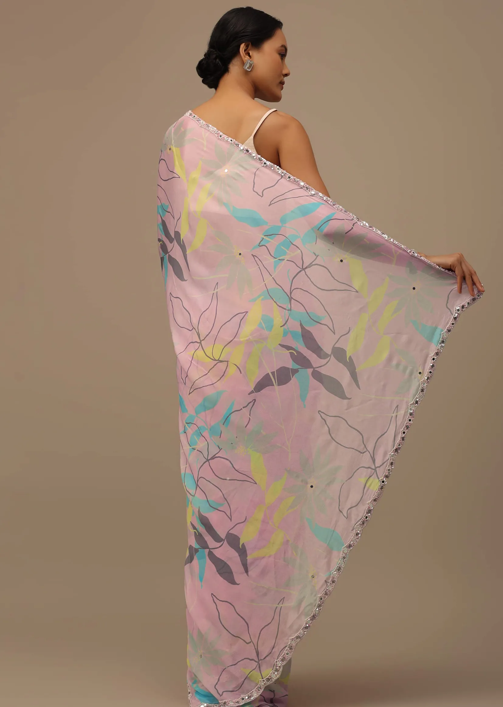 Baby Pink Embroidered Muslin Saree With Floral Print And Scallop Borders