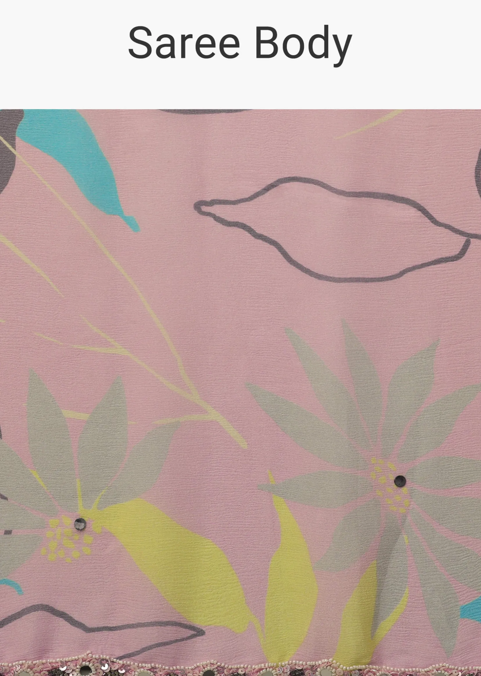 Baby Pink Embroidered Muslin Saree With Floral Print And Scallop Borders