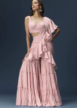 Baby Pink Frill Saree With Fancy Blouse