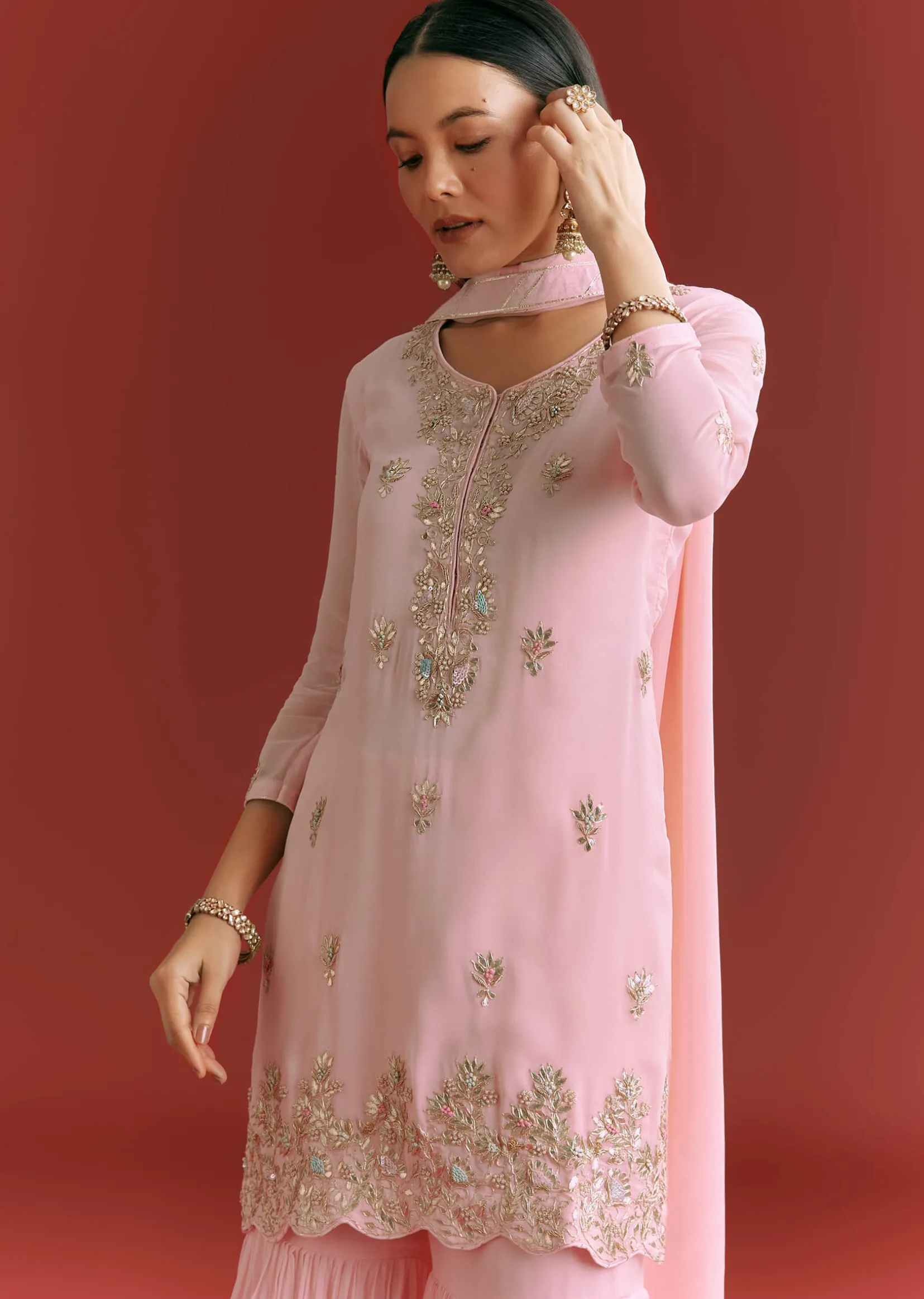 Baby Pink Georgette Kurta Sharara Suit With Organza Dupatta And Moti Work