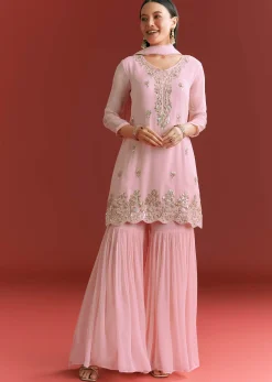Baby Pink Georgette Kurta Sharara Suit With Organza Dupatta And Moti Work