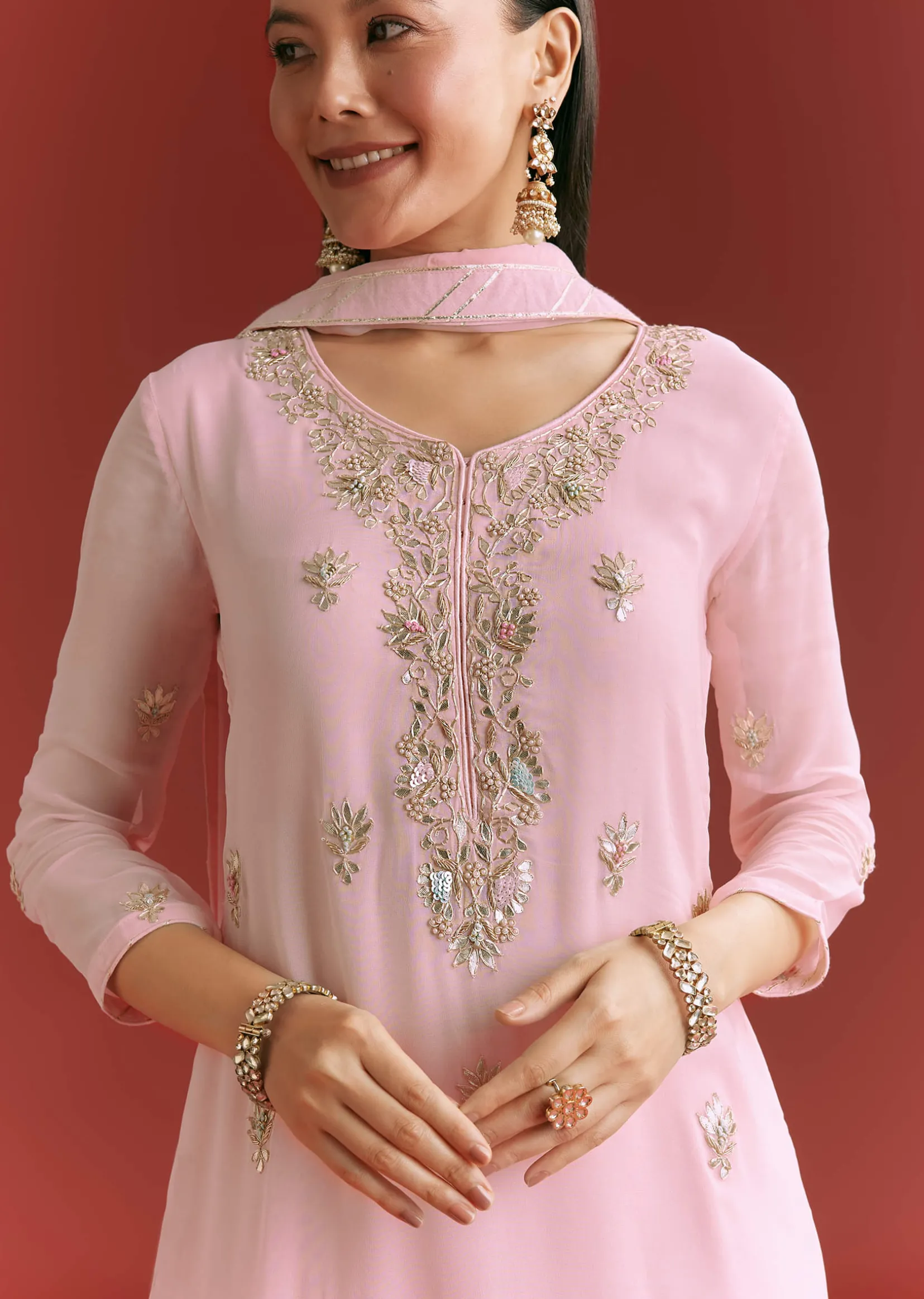Baby Pink Georgette Kurta Sharara Suit With Organza Dupatta And Moti Work