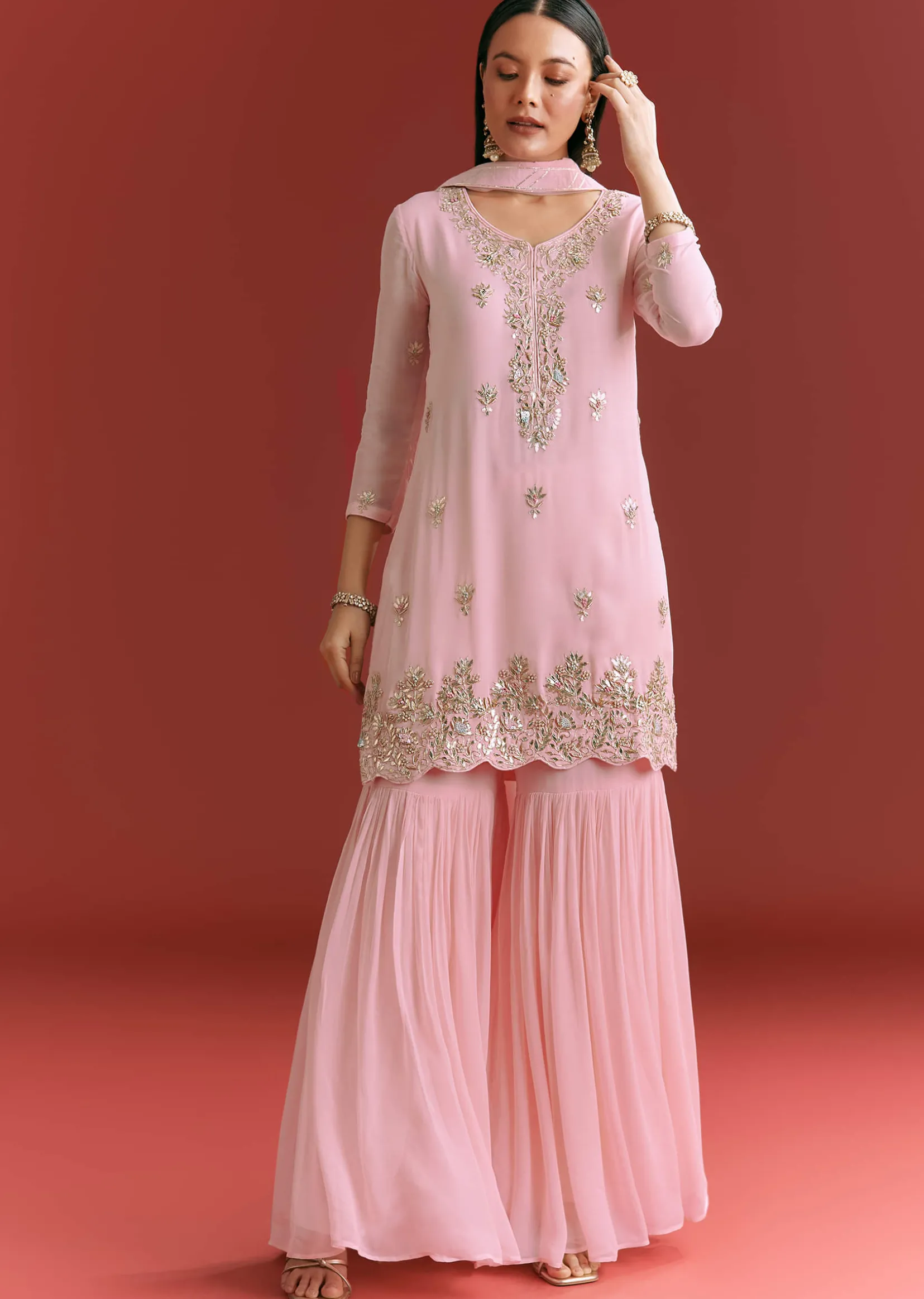 Baby Pink Georgette Kurta Sharara Suit With Organza Dupatta And Moti Work