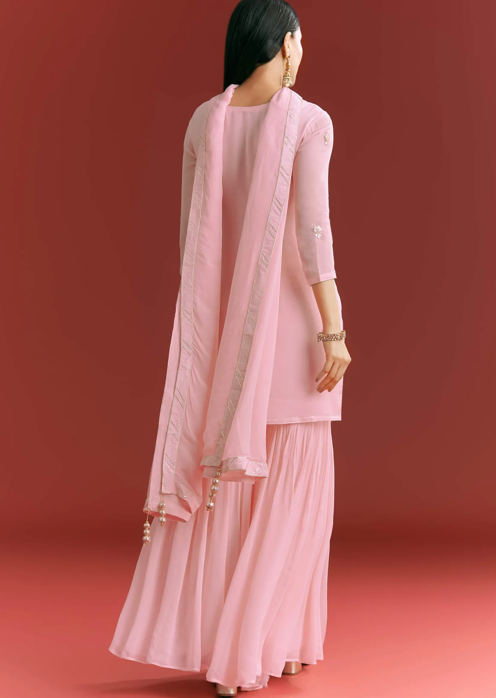 Baby Pink Georgette Kurta Sharara Suit With Organza Dupatta And Moti Work