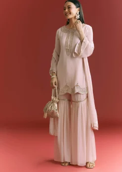Baby Pink Georgette Kurta Sharara Suit With Moti Work And Gotta Lace